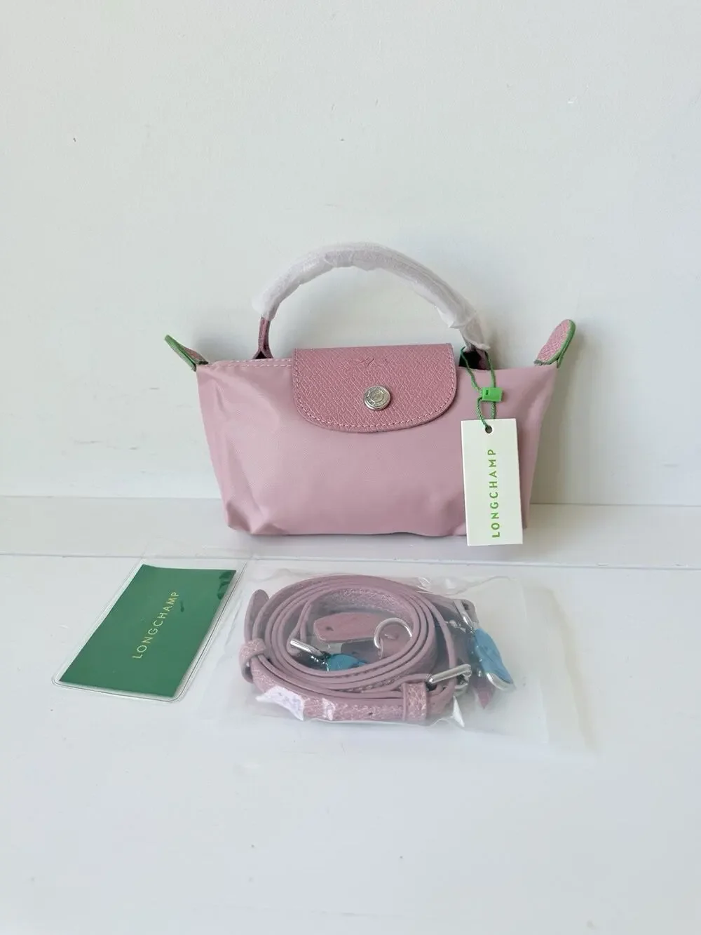 Longchamp Le Pliage XS Pink Mini Crossbody Pouch Bag w/ Strap + Insert